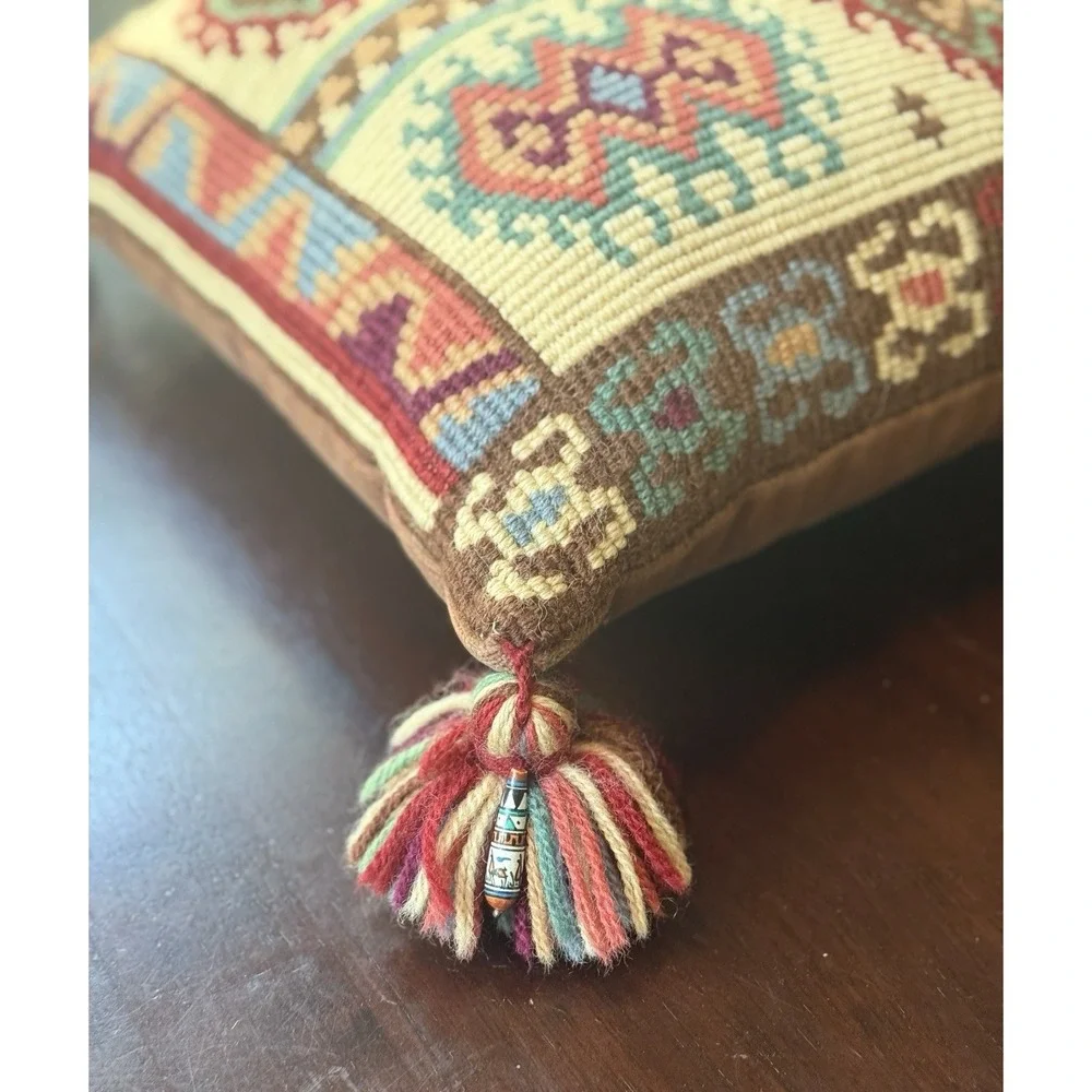 Exquisite Handmade Vintage Turkish Kilim Style Rug Pillow 12x12, Tassels Charms